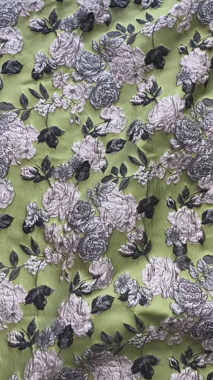 Lime Green & Silver 3D Embossed Floral Yarn-Dyed Fabric, Textured Woven Textile for Dresses, Jackets, Skirts, Bags and Sewing - 55"W
