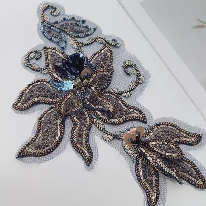 Navy Gold Floral Sequin Applique, Hand Beaded Mesh Patch, 3D Embroidered Trim for Stage Costume Dress Sewing DIY