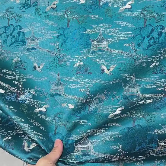 Teal Crane Pavilion Brocade Fabric, Scenic Landscape Jacquard Textile for Qipao, Hanfu, Jackets, Bags, Home Decor and Sewing, 59"