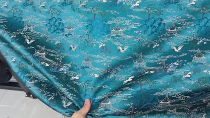 Teal Crane Pavilion Brocade Fabric, Scenic Landscape Jacquard Textile for Qipao, Hanfu, Jackets, Bags, Home Decor and Sewing, 59"