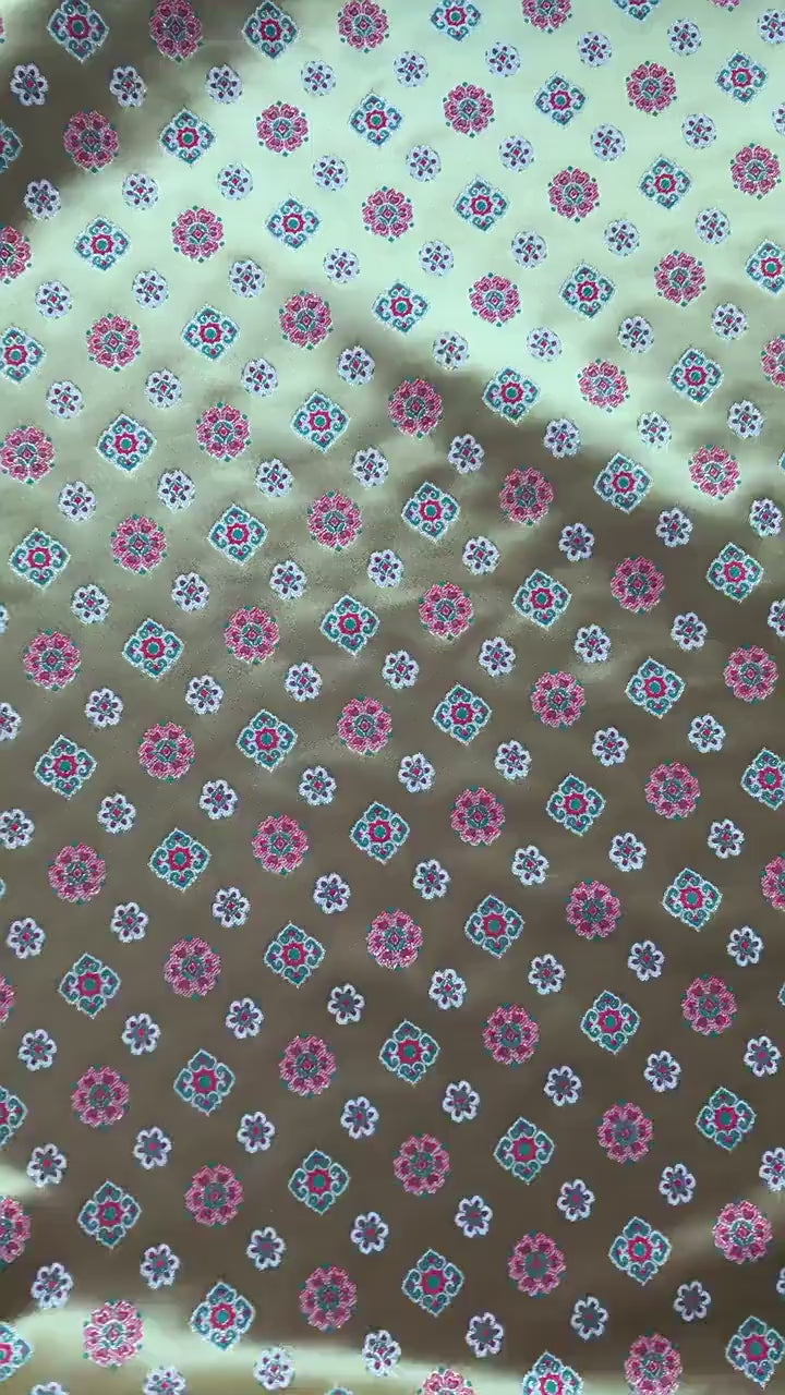 Song Brocade Fabric Yellow Green | Coin Floral Jacquard | Vintage Chinese Pattern | 60" Wide | Hanfu Costume Decor