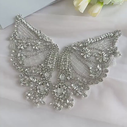 Silver Butterfly Rhinestone Applique | Handmade Crystal Beaded Patch | Bridal Wedding Dress Embellishment Costume Decoration