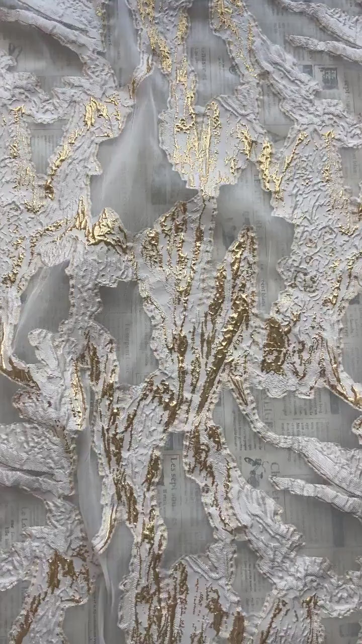 Gold Marble Organza Fabric by Yard, Embossed Irregular Jacquard Sheer Textile, Luxury Bridal Wedding Dress Fabric, 56"Wide
