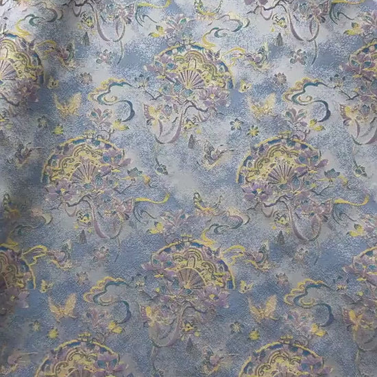 Light Blue Magnolia Butterfly Song Brocade Fabric, Gold Thread Jacquard with Fan Motif for Qipao, Hanfu, Dresses, Bags and Sewing