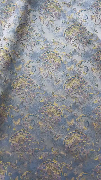 Light Blue Magnolia Butterfly Song Brocade Fabric, Gold Thread Jacquard with Fan Motif for Qipao, Hanfu, Dresses, Bags and Sewing