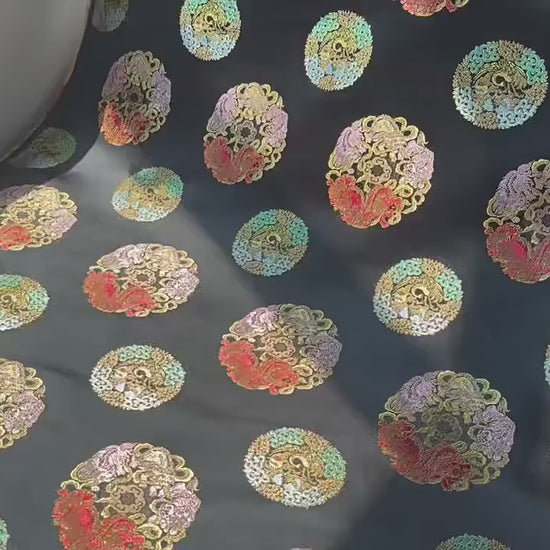 Black Multicolor Animal Medallion Brocade Jacquard Fabric, Ornamental Woven Textile for Qipao, Jackets, Bags, Decor and Sewing, 59"