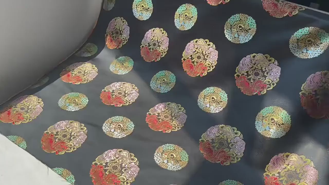 Black Multicolor Animal Medallion Brocade Jacquard Fabric, Ornamental Woven Textile for Qipao, Jackets, Bags, Decor and Sewing, 59"