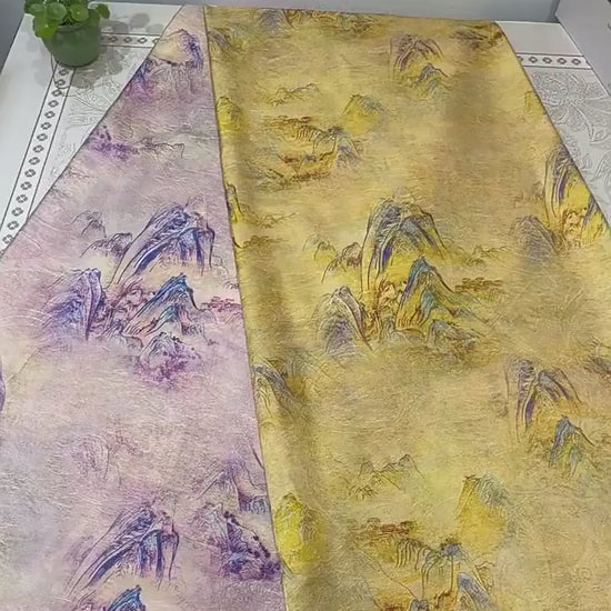 Golden Landscape Print Fabric, Painterly Mountain Scenic Textile with Subtle Woven Texture for Dresses, Qipao, Scarves, Decor and Sewing
