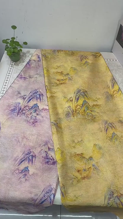 Golden Landscape Print Fabric, Painterly Mountain Scenic Textile with Subtle Woven Texture for Dresses, Qipao, Scarves, Decor and Sewing