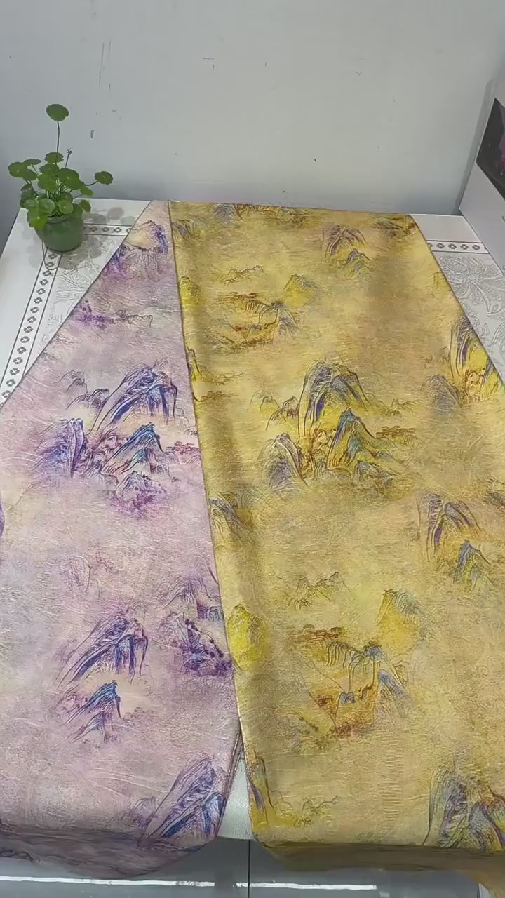 Golden Landscape Print Fabric, Painterly Mountain Scenic Textile with Subtle Woven Texture for Dresses, Qipao, Scarves, Decor and Sewing