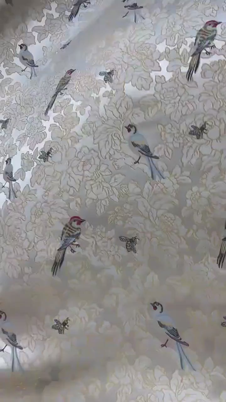 Song Brocade Bird Floral Jacquard | Gold Thread Fabric | Exotic Bird Among Flowers | Hanfu Wedding Cosplay Decor, 64"Wide