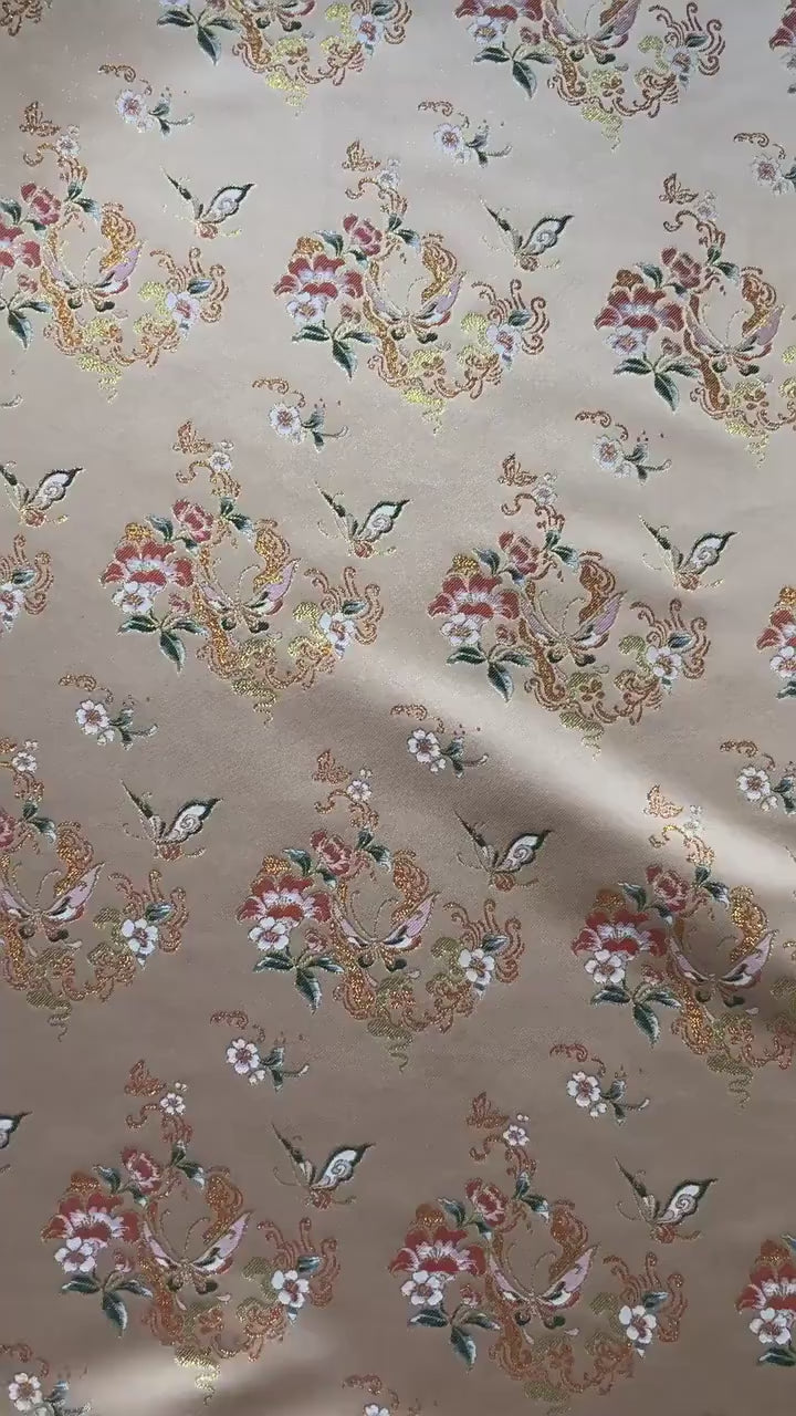 Golden Butterfly Floral Song Brocade Fabric, Gold Thread Jacquard Textile for Qipao, Hanfu, Bags, Decor and Sewing