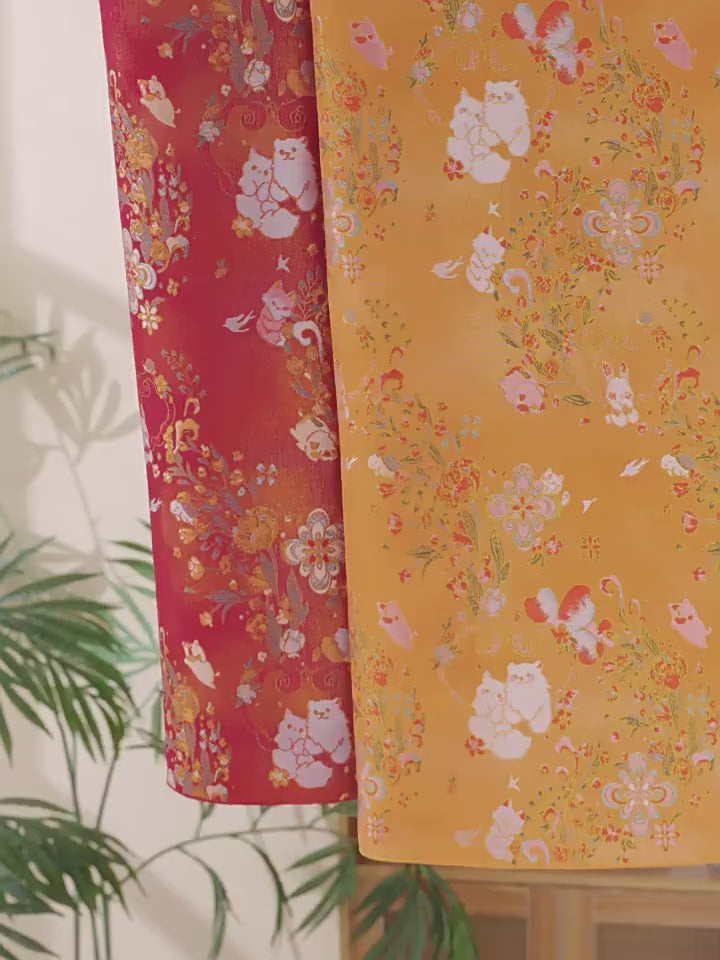 Floral Animal Jacquard Fabric Cute Pet Pattern Brocade Textile Damask Fabric Upholstery Costume Cheongsam Fabric Luxury Decorative Fabric
