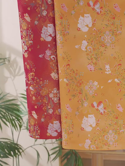 Floral Animal Jacquard Fabric Cute Pet Pattern Brocade Textile Damask Fabric Upholstery Costume Cheongsam Fabric Luxury Decorative Fabric
