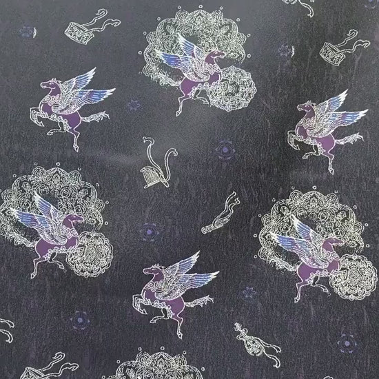 Dark Purple Winged Horse Song Brocade Fabric, Yarn-Dyed Jacquard Textile for Qipao, Hanfu, Dresses, Jackets, Bags and Sewing, 59"Wide