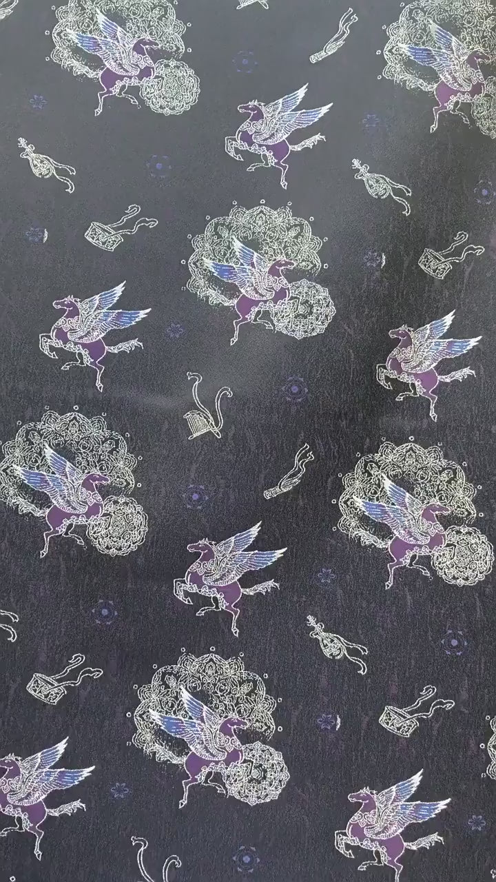 Dark Purple Winged Horse Song Brocade Fabric, Yarn-Dyed Jacquard Textile for Qipao, Hanfu, Dresses, Jackets, Bags and Sewing, 59"Wide
