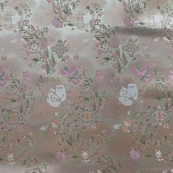Cute Animal Spring Song Brocade Fabric, Chinese Style Gold Metallic Jacquard Textile, Floral Woven Fabric for Dress, Qipao and Sewing