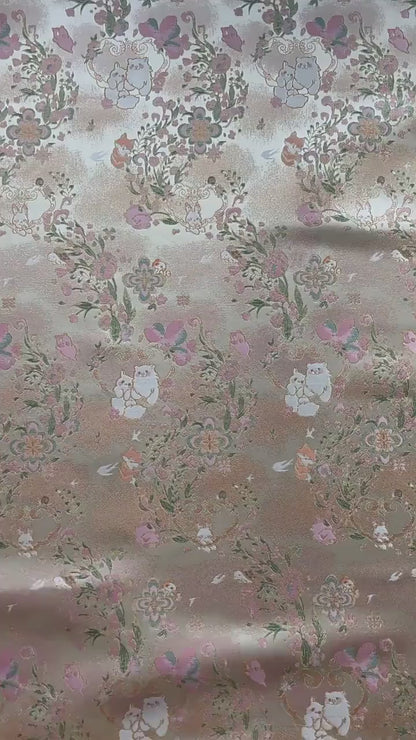 Cute Animal Spring Song Brocade Fabric, Chinese Style Gold Metallic Jacquard Textile, Floral Woven Fabric for Dress, Qipao and Sewing