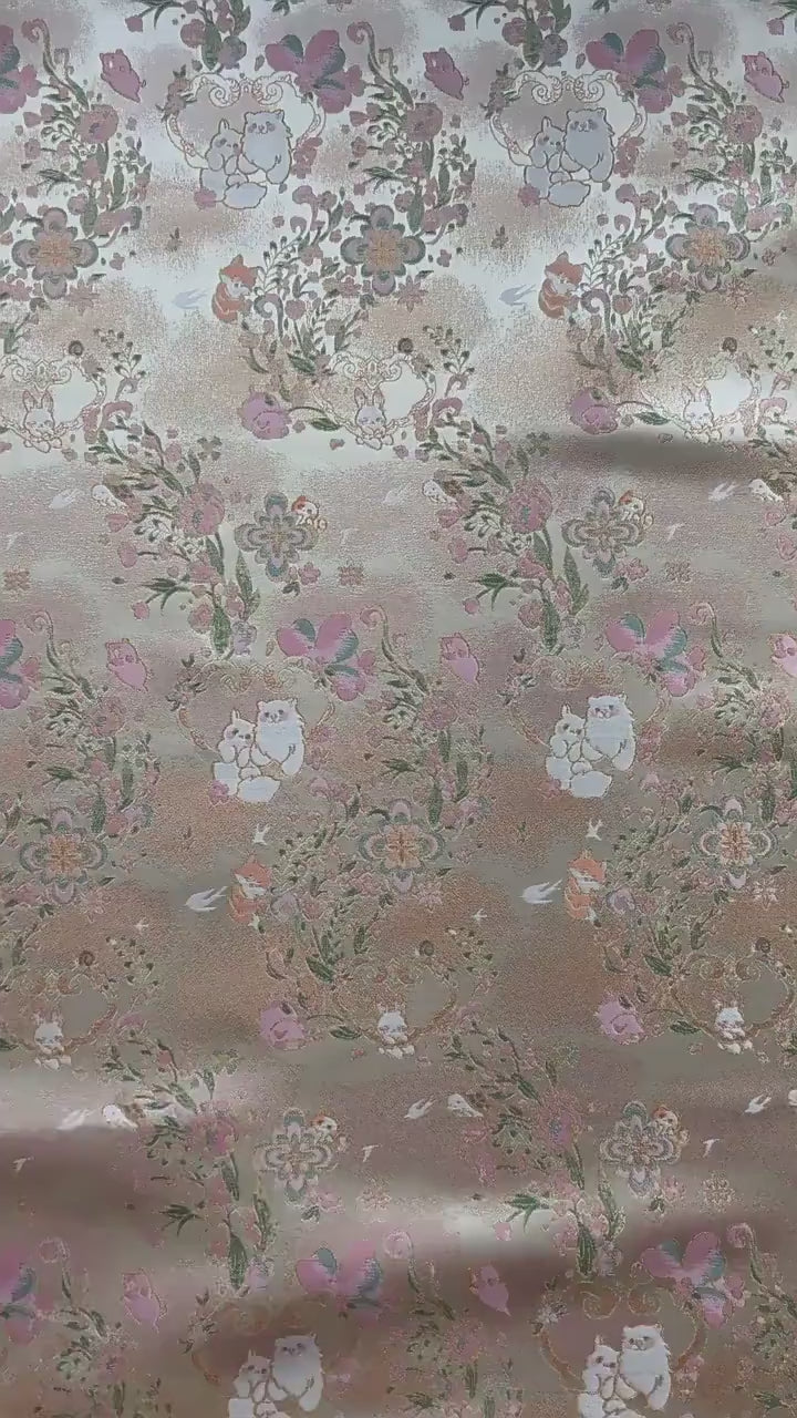 Cute Animal Spring Song Brocade Fabric, Chinese Style Gold Metallic Jacquard Textile, Floral Woven Fabric for Dress, Qipao and Sewing