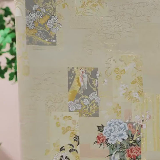 Gold Japanese Brocade Fabric, Floral Bird Panel Kinran Jacquard, Nishijin Style Obi Fabric for Kimono, Crafts, Home Decor