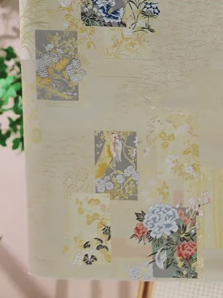 Gold Japanese Brocade Fabric, Floral Bird Panel Kinran Jacquard, Nishijin Style Obi Fabric for Kimono, Crafts, Home Decor