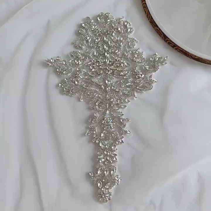 White Flower Rhinestone Applique | Crystal Beaded Floral Patch | Bridal Wedding Dress Dance Costume DIY Embellishment