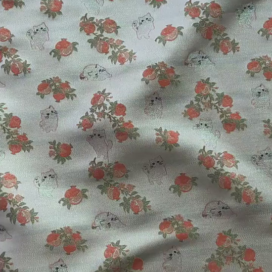 Pomegranate Cat Jacquard Fabric | Gold Thread Botanical Animal Woven Textile | Cute Cotton Dress Fabric By Yard, 59" Wide
