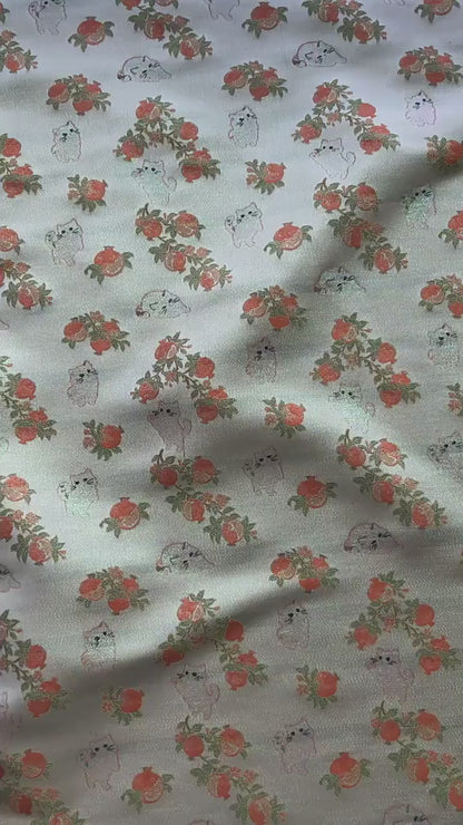 Pomegranate Cat Jacquard Fabric | Gold Thread Botanical Animal Woven Textile | Cute Cotton Dress Fabric By Yard, 59" Wide