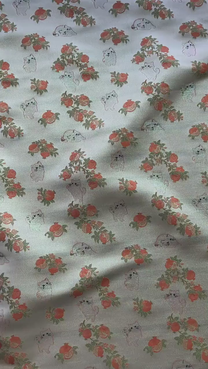 Pomegranate Cat Jacquard Fabric | Gold Thread Botanical Animal Woven Textile | Cute Cotton Dress Fabric By Yard, 59" Wide