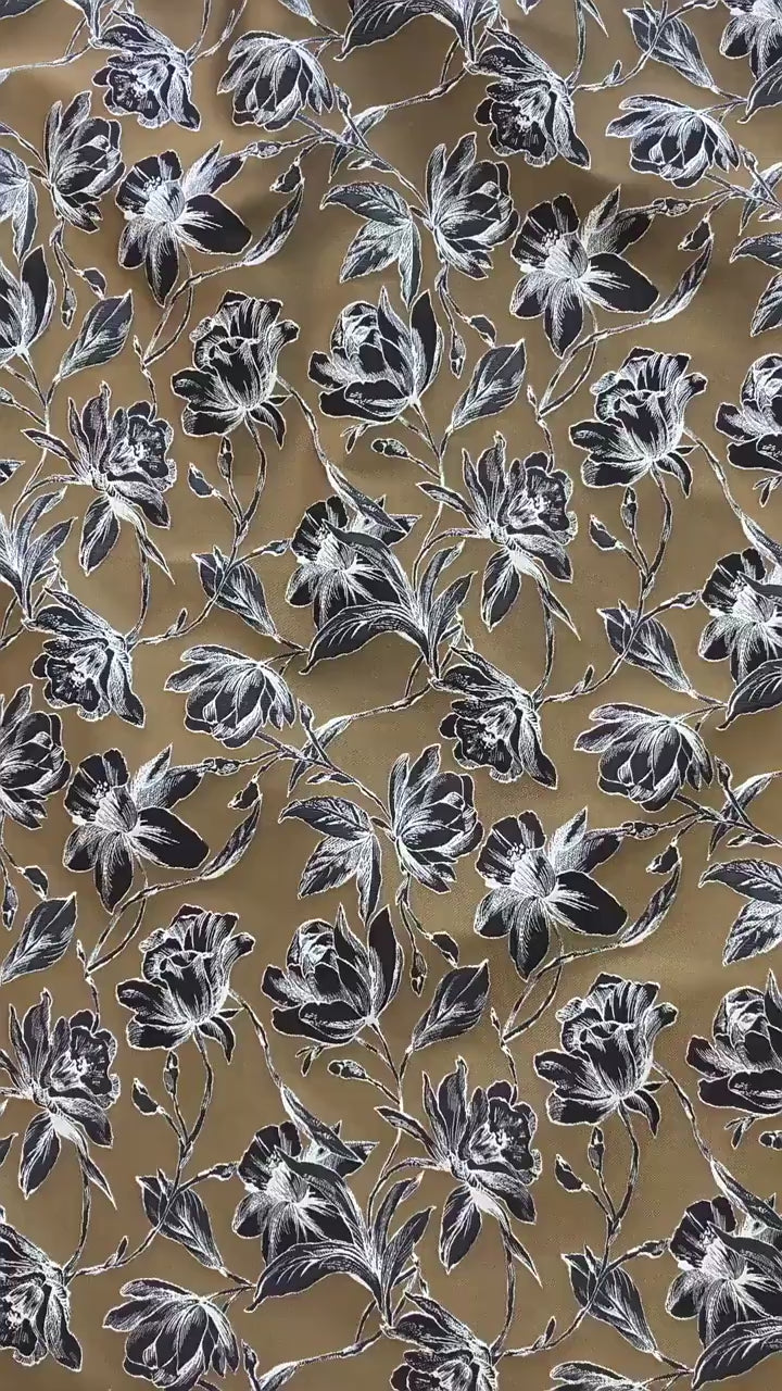 Vintage Hand-Drawn Magnolia Yarn-Dyed Fabric, Floral Upholstery Textile, Retro Botanical Material for Curtains, Cushions & Home Decor, 63"W