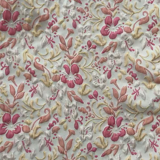 Romantic Embossed Floral Jacquard Fabric, Raised Vine Flower Textile, Vintage Pink Botanical Brocade for Dresses, Cushions & Home Decor, 57"