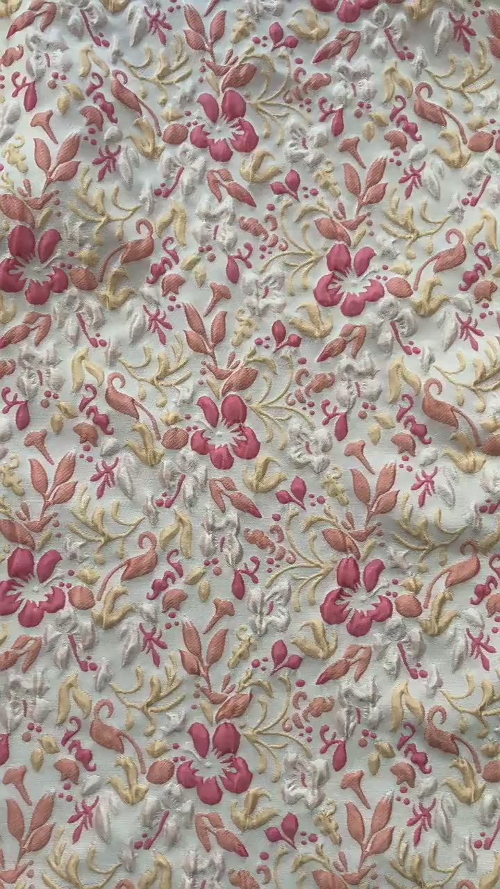 Romantic Embossed Floral Jacquard Fabric, Raised Vine Flower Textile, Vintage Pink Botanical Brocade for Dresses, Cushions & Home Decor, 57"