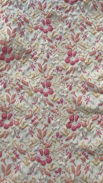 Romantic Embossed Floral Jacquard Fabric, Raised Vine Flower Textile, Vintage Pink Botanical Brocade for Dresses, Cushions & Home Decor, 57"