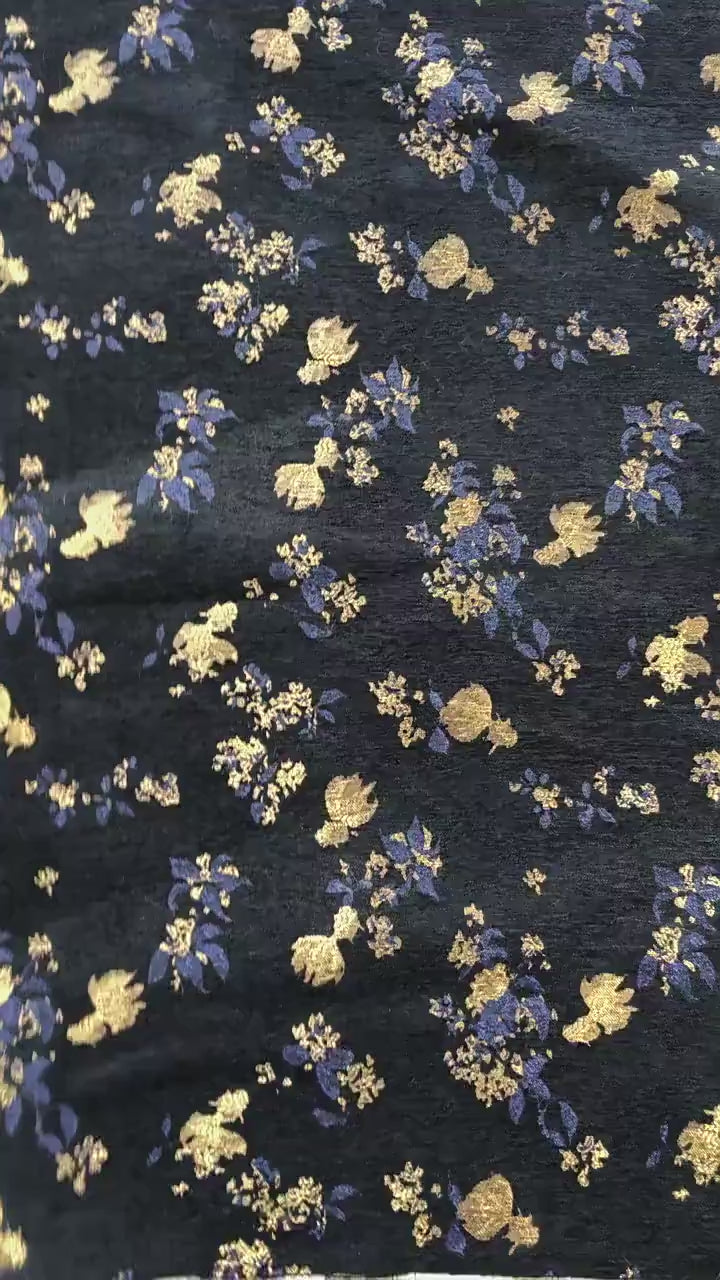 Goldfish Orchid Chenille Jacquard Fabric, Black Heavy Upholstery Textile for Sofa, Cushions, Bags and Home Decor, 58"Wide