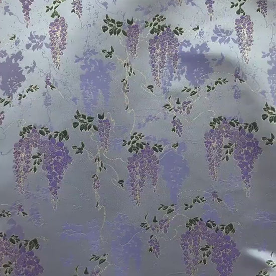 Chinese Wisteria Brocade Fabric, Gold Metallic Jacquard Satin Textile by Yard, Elegant Oriental Floral Fabric for Dress Upholstery Crafts