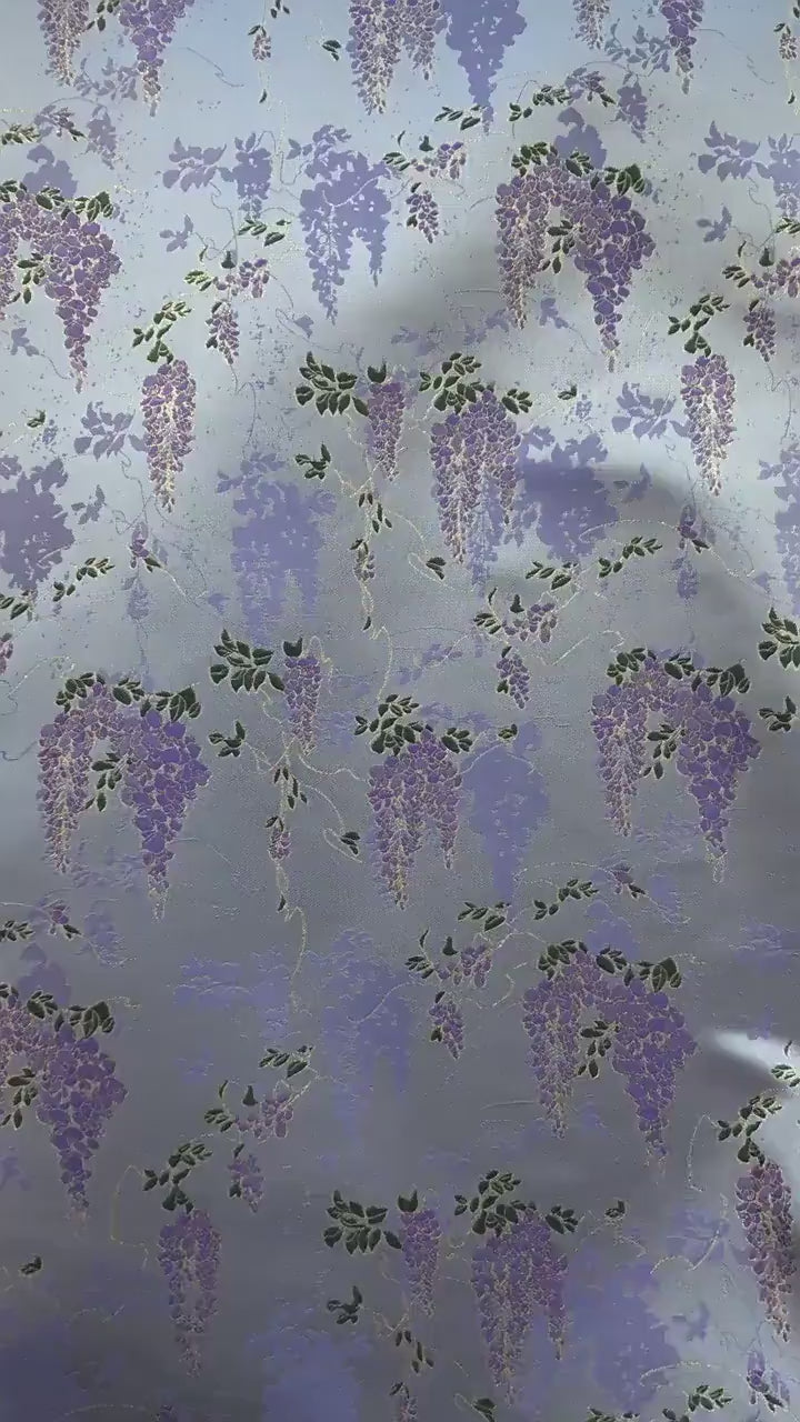 Chinese Wisteria Brocade Fabric, Gold Metallic Jacquard Satin Textile by Yard, Elegant Oriental Floral Fabric for Dress Upholstery Crafts