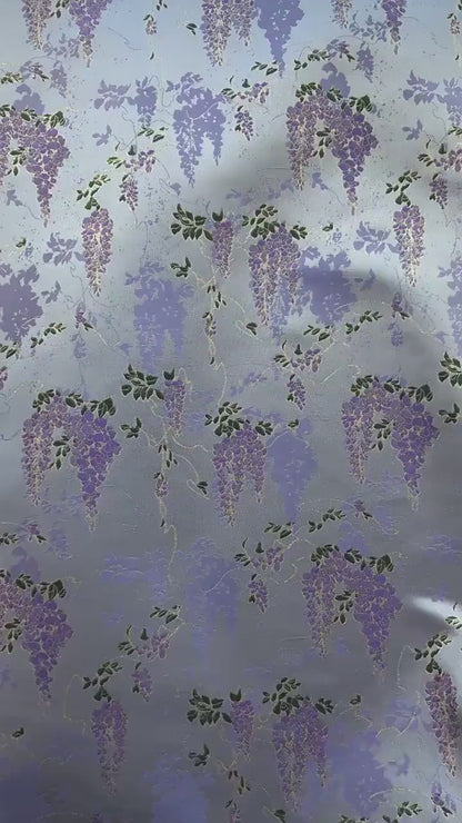 Chinese Wisteria Brocade Fabric, Gold Metallic Jacquard Satin Textile by Yard, Elegant Oriental Floral Fabric for Dress Upholstery Crafts