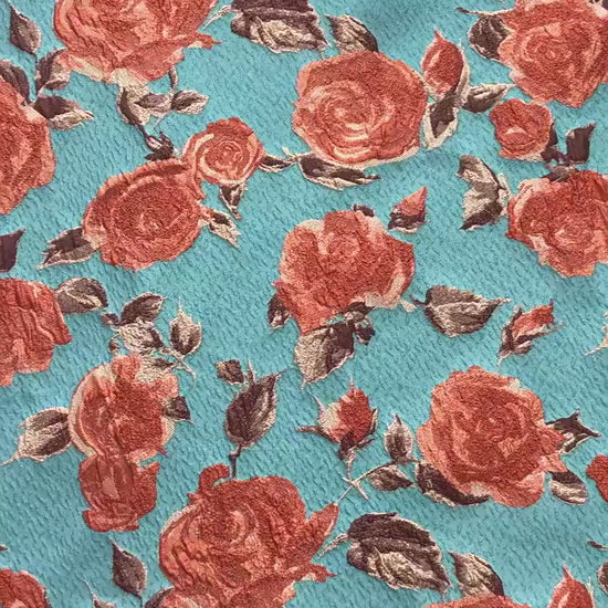 Vintage-Style 3D Embossed Rose Jacquard Fabric, Blue Floral Woven Textile for Dressmaking, Jackets, Bags and Home Decor, 55"Wide