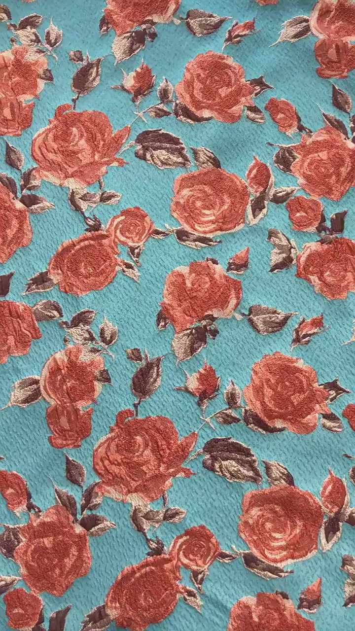 Vintage-Style 3D Embossed Rose Jacquard Fabric, Blue Floral Woven Textile for Dressmaking, Jackets, Bags and Home Decor, 55"Wide