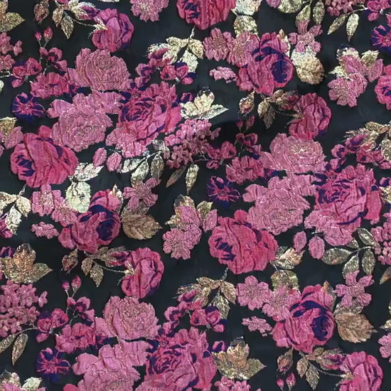 Vintage Pink Rose Jacquard Fabric, Raised Floral Metallic Gold Thread Woven Fabric for Evening Gown, Jacket, Bags & Box Decor, 55" Wide