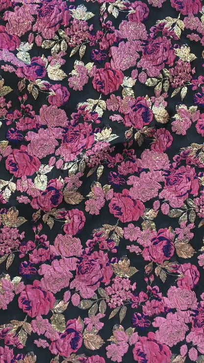 Vintage Pink Rose Jacquard Fabric, Raised Floral Metallic Gold Thread Woven Fabric for Evening Gown, Jacket, Bags & Box Decor, 55" Wide