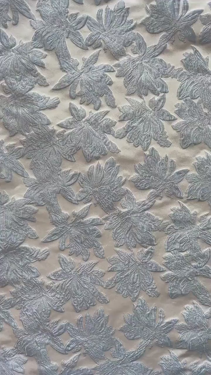 Light Blue Floral Jacquard Fabric: 3D Vintage Style, 63" Wide