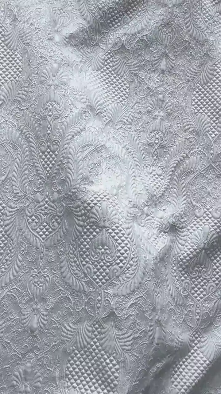 White Floral Jacquard Fabric by Yard, Embossed Vine Brocade Textile, Elegant Dress Fabric for Wedding Sewing Crafts Home Decor, 55"Wide
