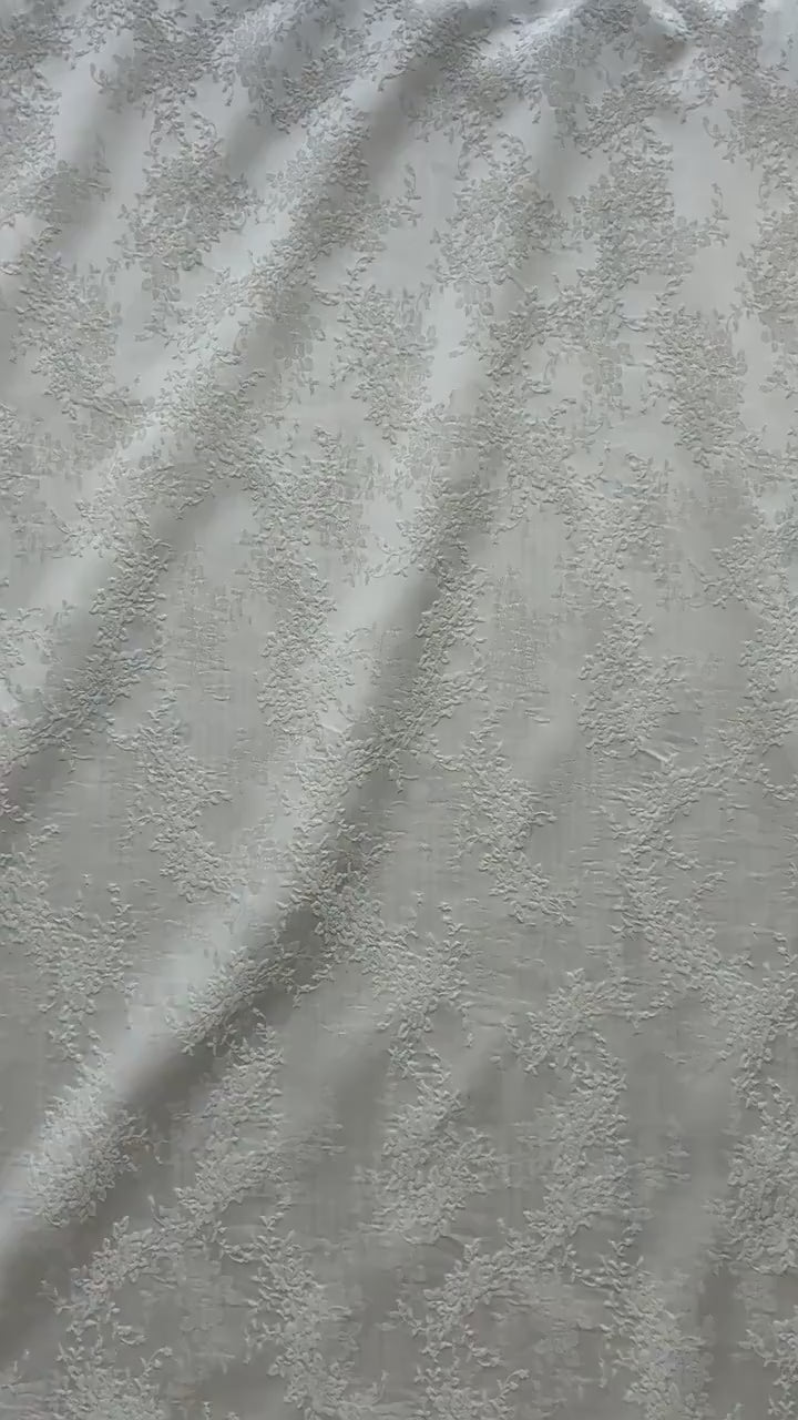 White Embossed Floral Jacquard Fabric, 3D Textured Ivory Brocade Material, Luxury Wedding Dress, Curtain & Home Decor Fabric