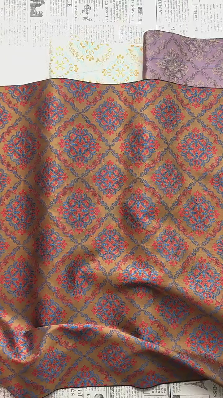 Rhombus Floral Brocade Fabric Rayon Silk Jacquard Damask Fabric Xianghua Pattern Textile for Costume Upholstery Cheongsam Craft Fabric