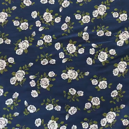 Navy Blue White Rose Jacquard Fabric, Ditsy Floral Woven Fabric, French Country Cottage Fabric for Dresses, Curtains by the Yard, 55"W