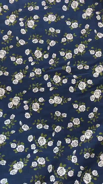Navy Blue White Rose Jacquard Fabric, Ditsy Floral Woven Fabric, French Country Cottage Fabric for Dresses, Curtains by the Yard, 55"W