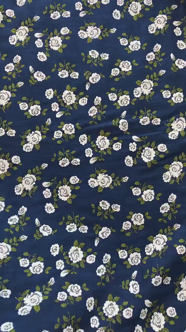 Navy Blue White Rose Jacquard Fabric, Ditsy Floral Woven Fabric, French Country Cottage Fabric for Dresses, Curtains by the Yard, 55"W
