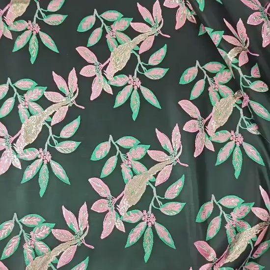 Gold Thread Jacquard Fabric: Green & Black 3D Designer Fabric, 65"W