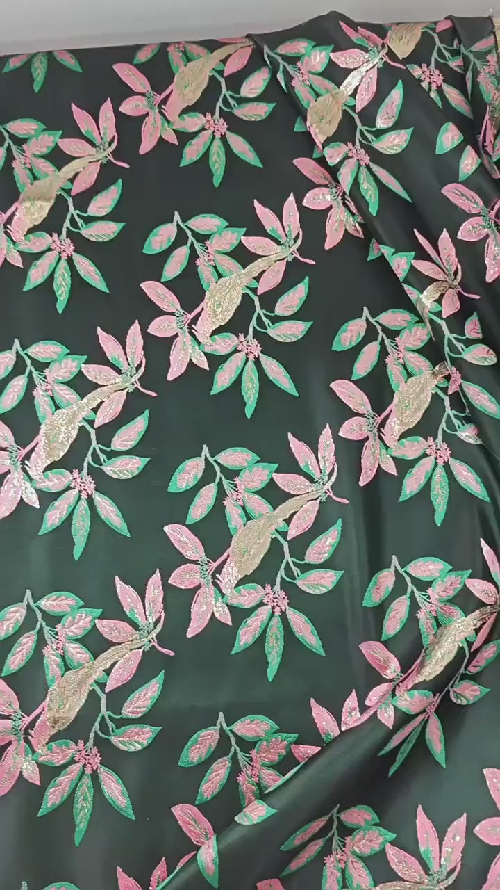 Gold Thread Jacquard Fabric: Green & Black 3D Designer Fabric, 65"W